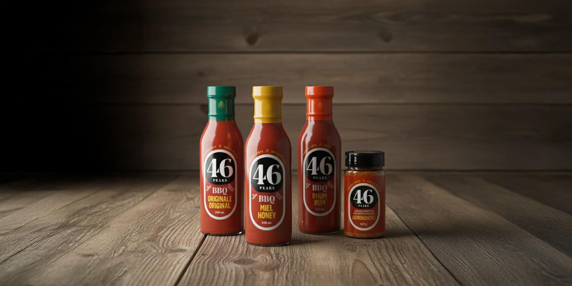 Collection of 46 BBQ Sauces bottles on a wooden surface with a wooden background