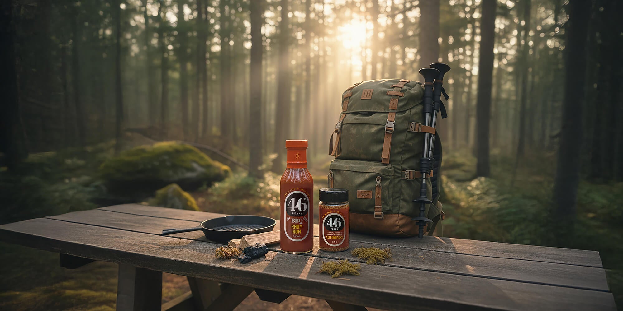 Wooden table with a backpack, bottles, and a pan in a forest setting