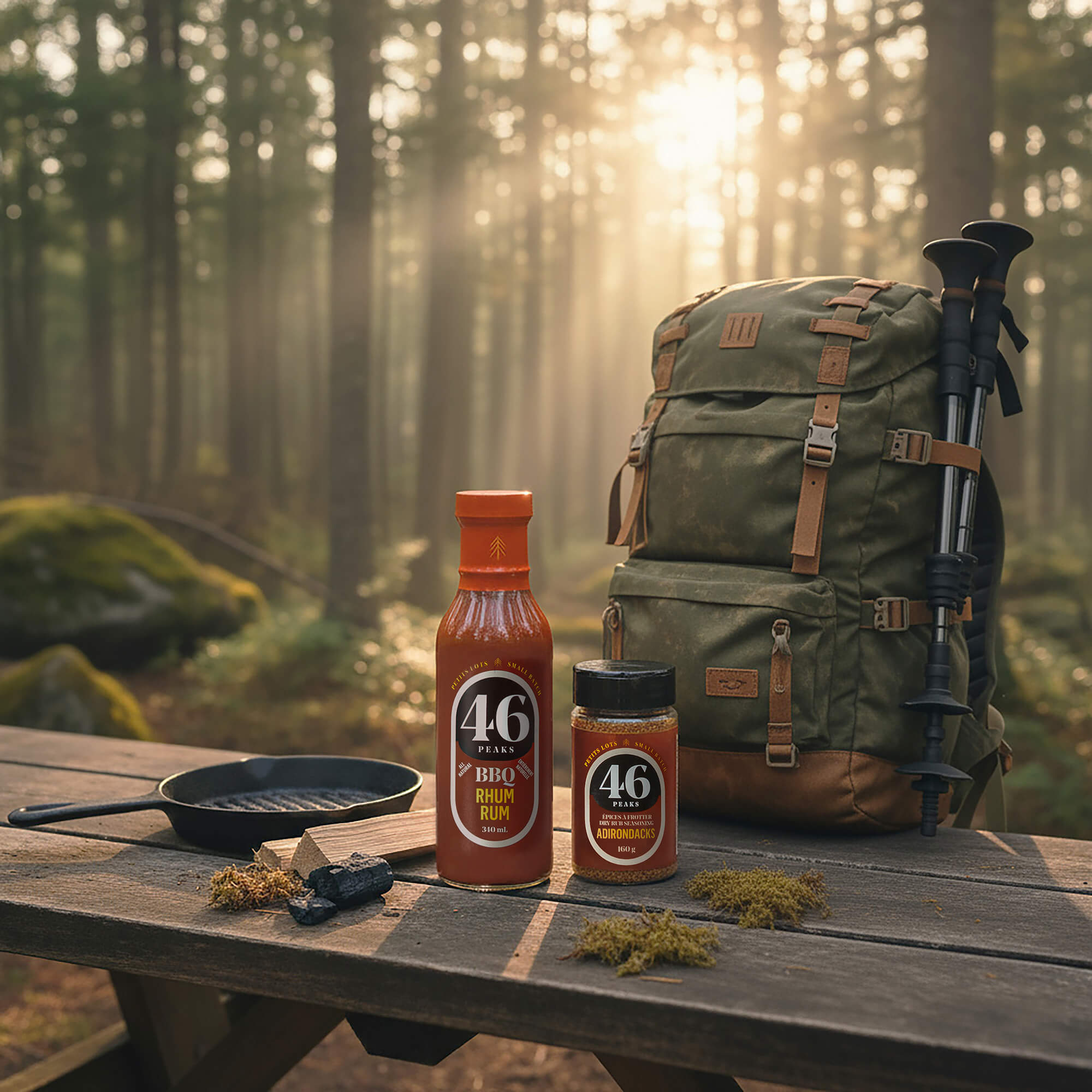 Green backpack with hiking poles, a bottle of 46 BBQ sauce, and a jar on a wooden table in a forest.