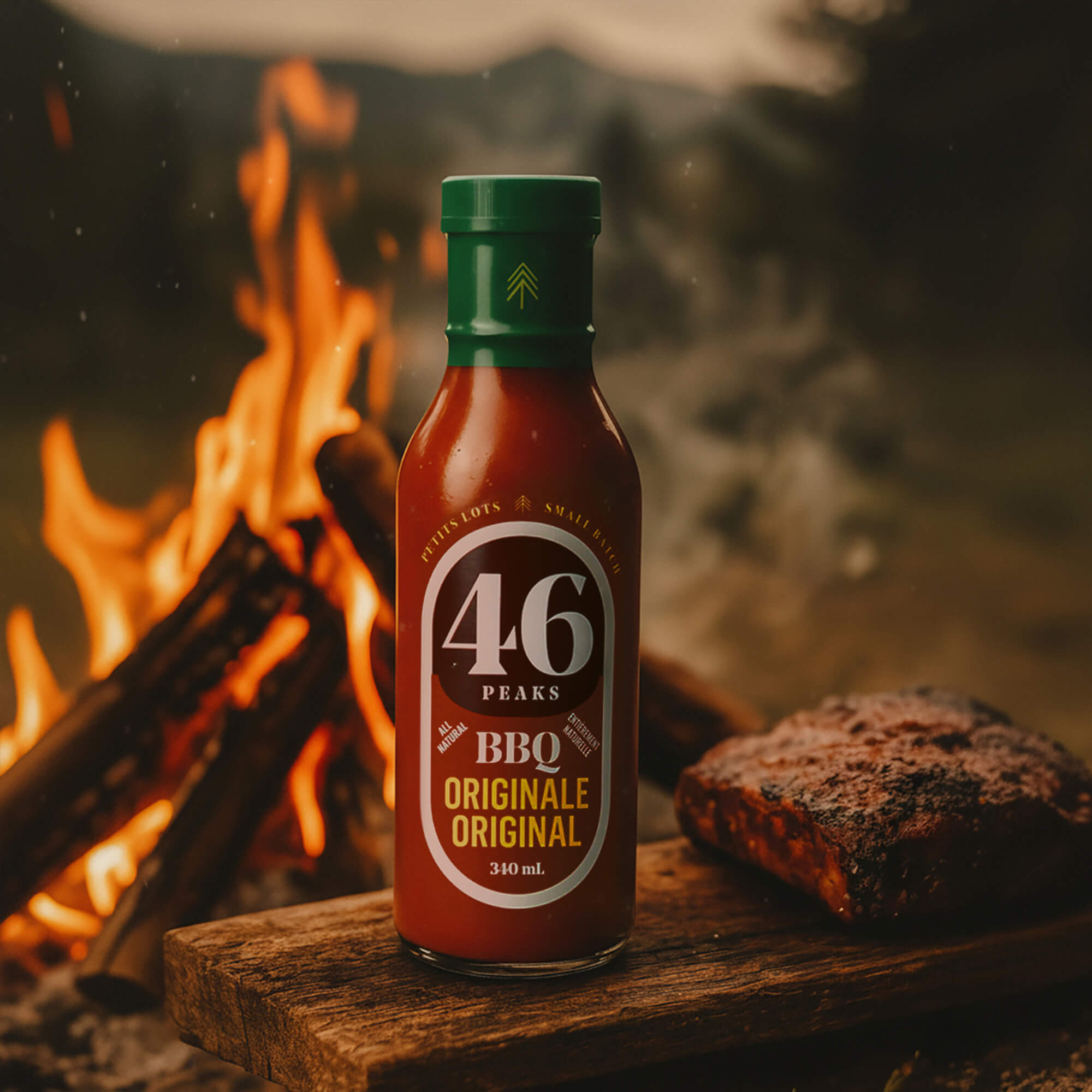 Bottle of 46 Peaks BBQ sauce on a wooden surface with a campfire in the background