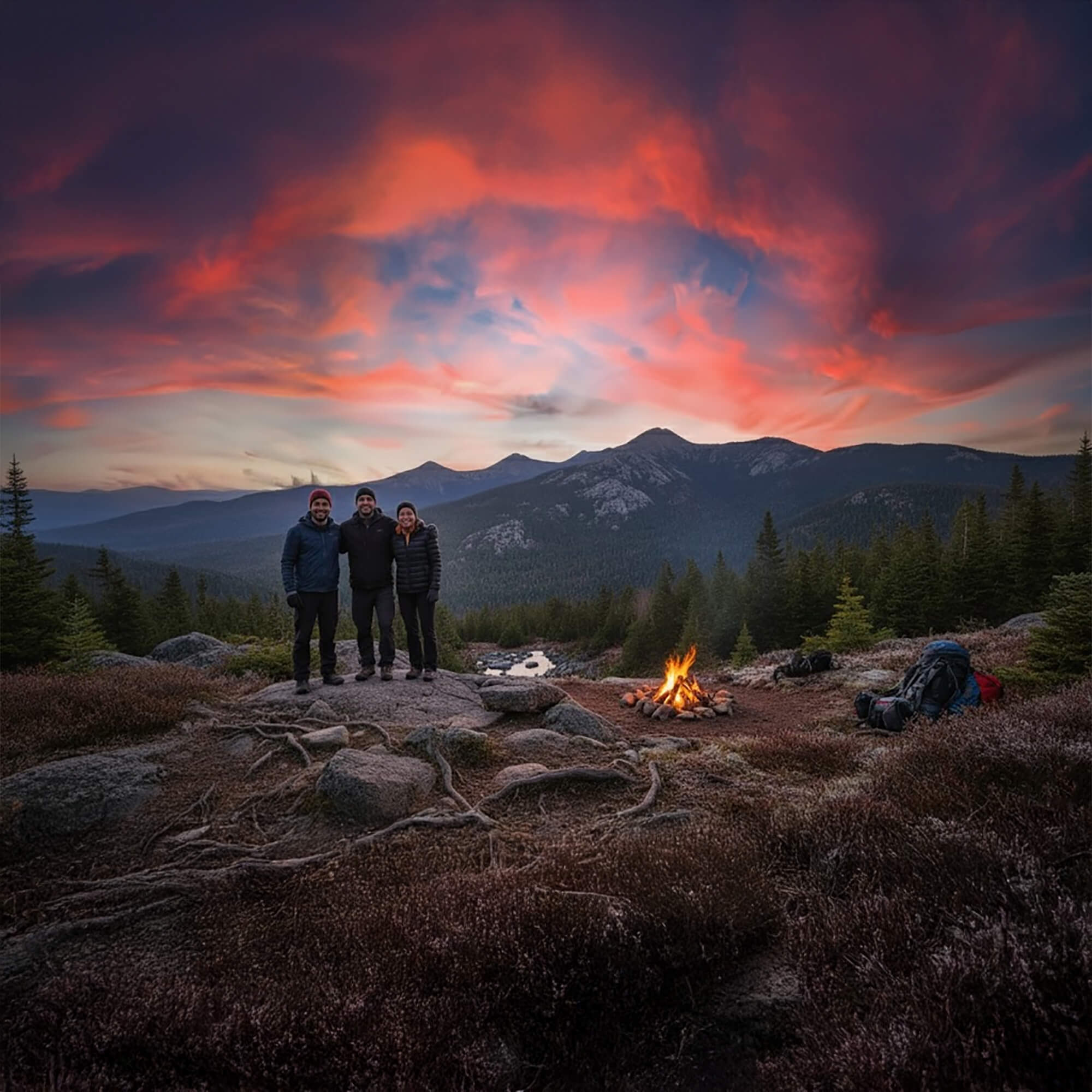 Three people standing near a campfire with a stunning sunset over mountains in the background