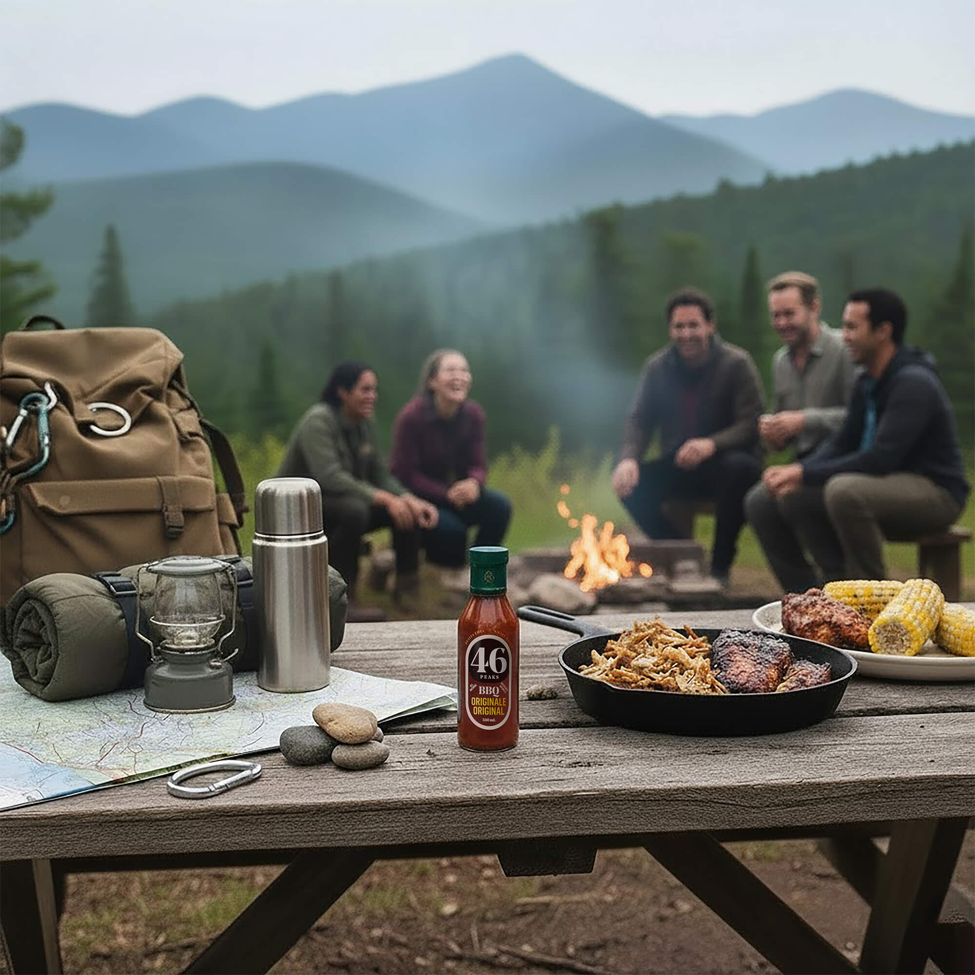 Group of people camping outdoors with a bottle of 46 BBQ sauce on a table.