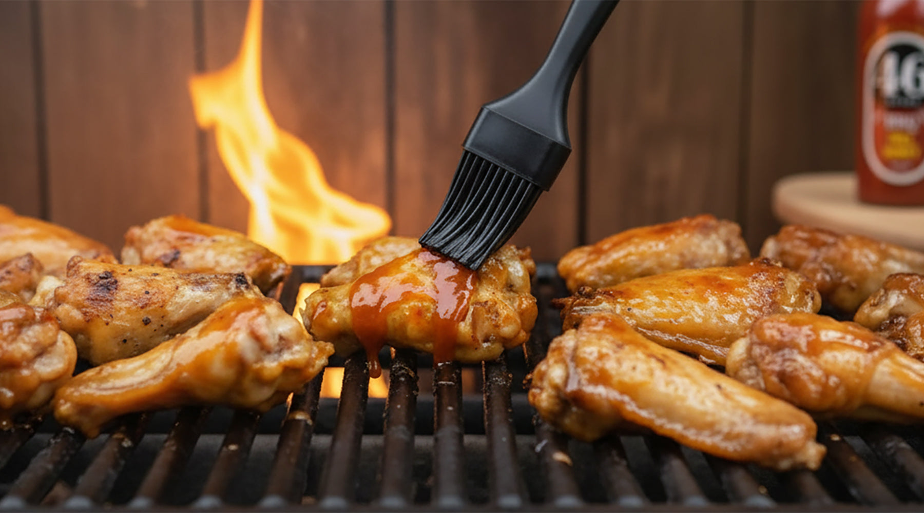 Grilled chicken wings being brushed with sauce on a grill with flames in the background