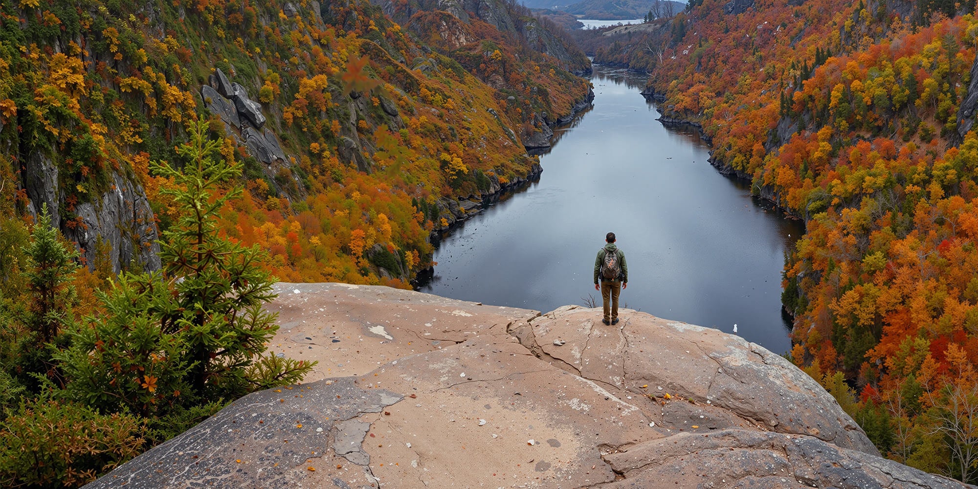 Person standing on a rocky outcrop overlooking a lake surrounded by autumn-colored trees.