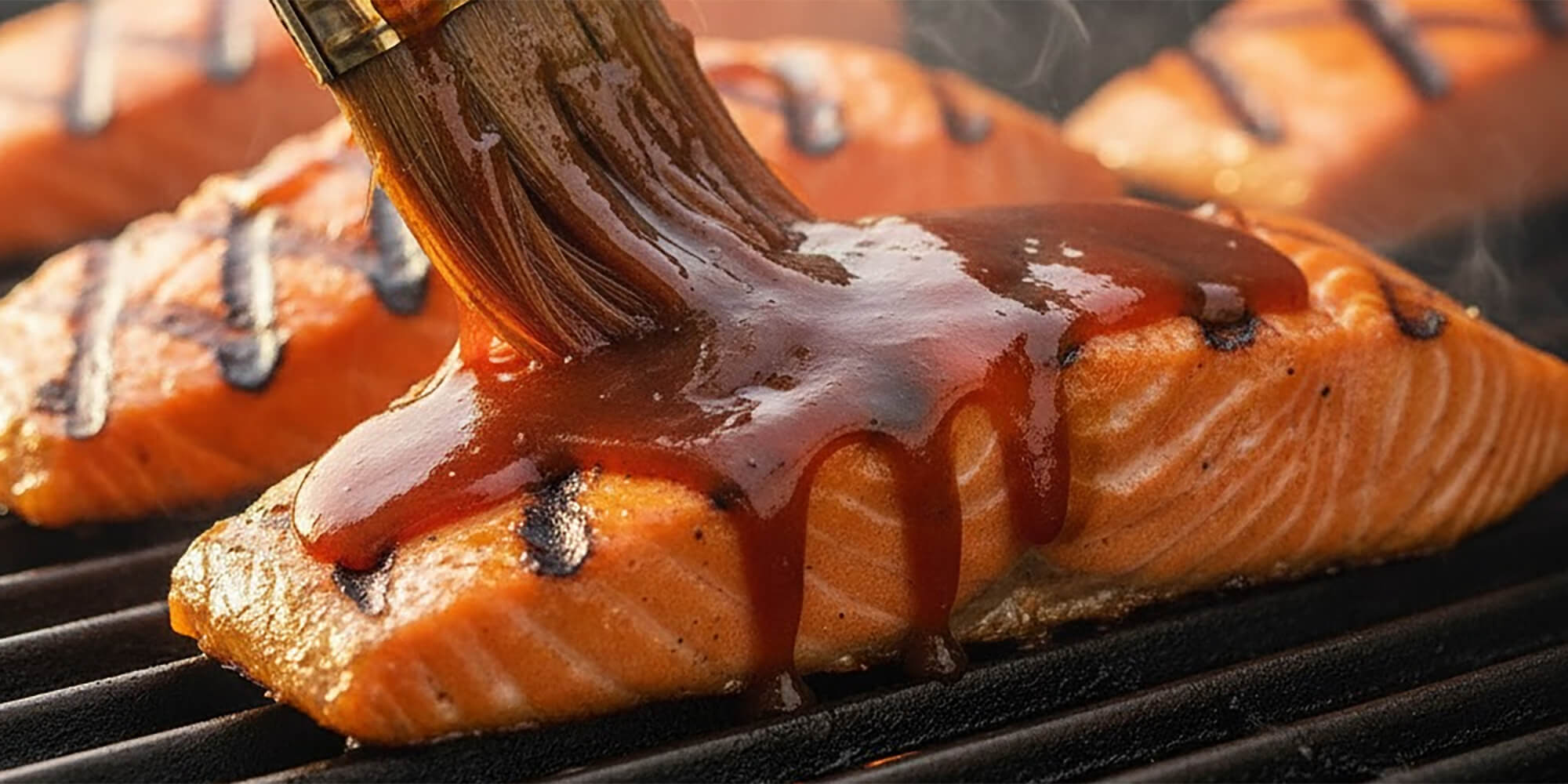 Salmon fillet on a grill with a brush applying sauce