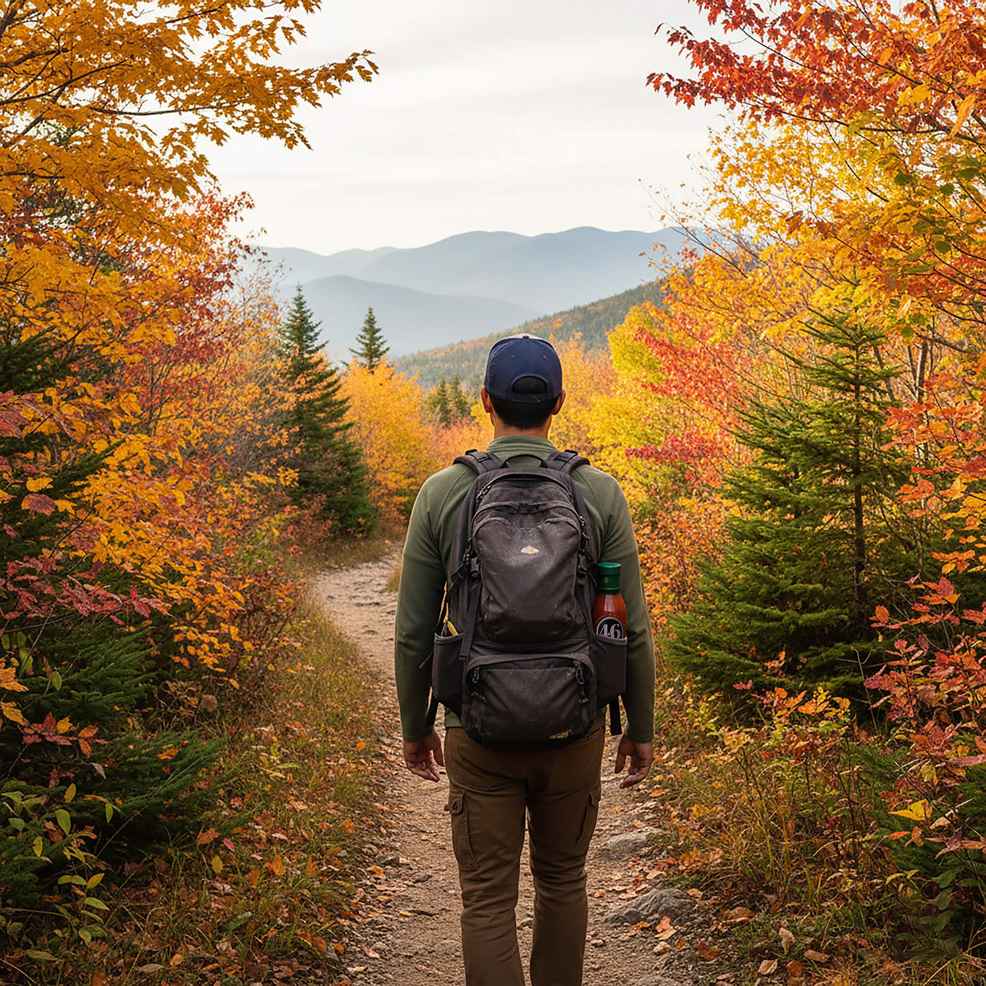 Person hiking through a forest with autumn foliage and mountains in the background